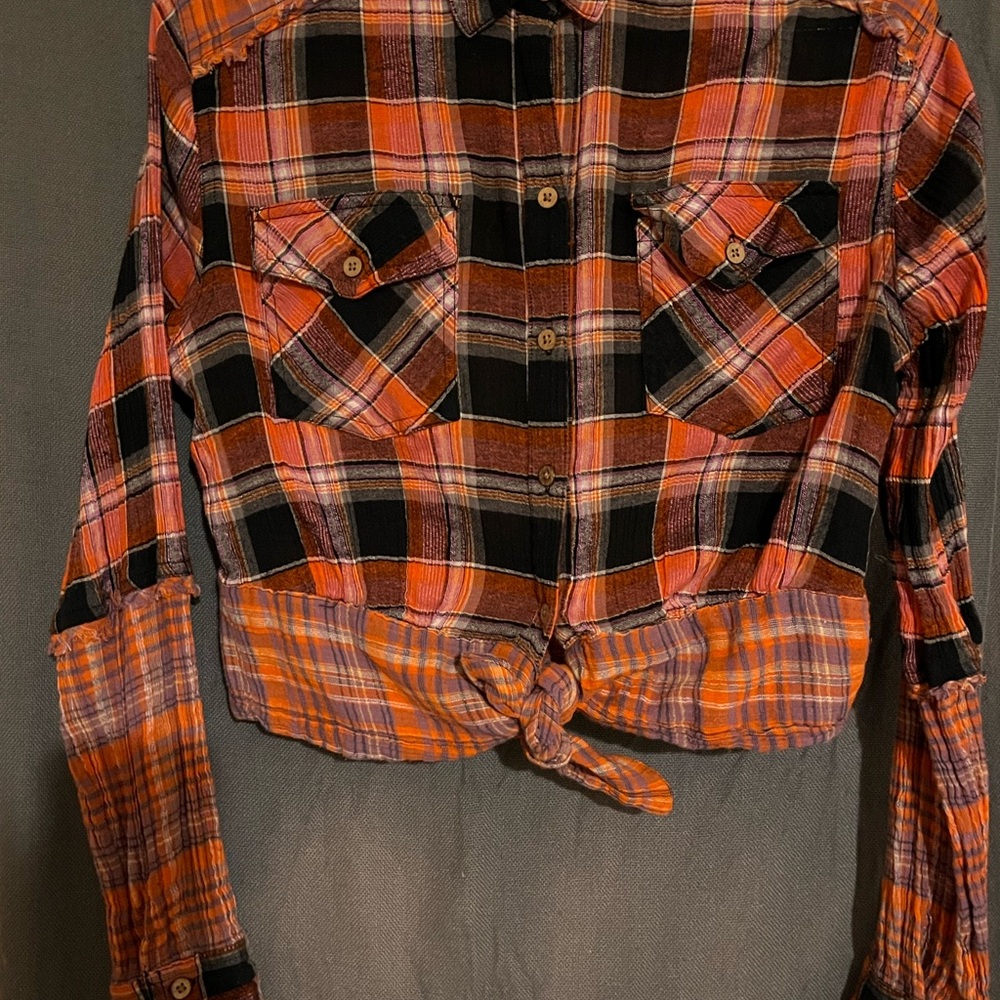 Plaid Button-Up Shirt Crop Top with Tie Front